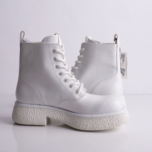 Zara Womens White Leather Chunky Ankle Boots EU 37 US 6.5 Combat 1116/810 NWT - Picture 2 of 7